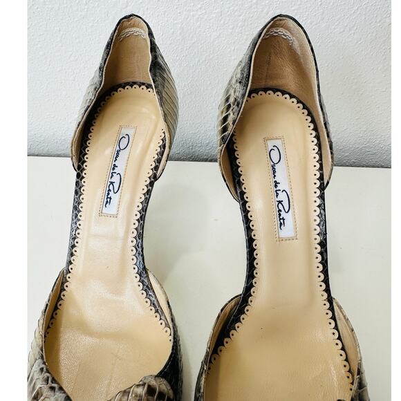 Oscar de la Renta Leather Snakeskin Front Bow Pointed Toe Heel 37 / 6.5 - Picture 9 of 14
